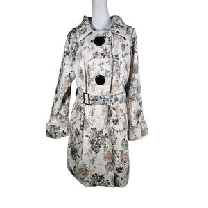 Pura Vida Women's Belted Jacket Coat Ruffle‎ Collar Buttons Cream Gray Gold Sz12